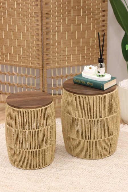 طقم اسكملات قش ثنائي مع غطاء خشب